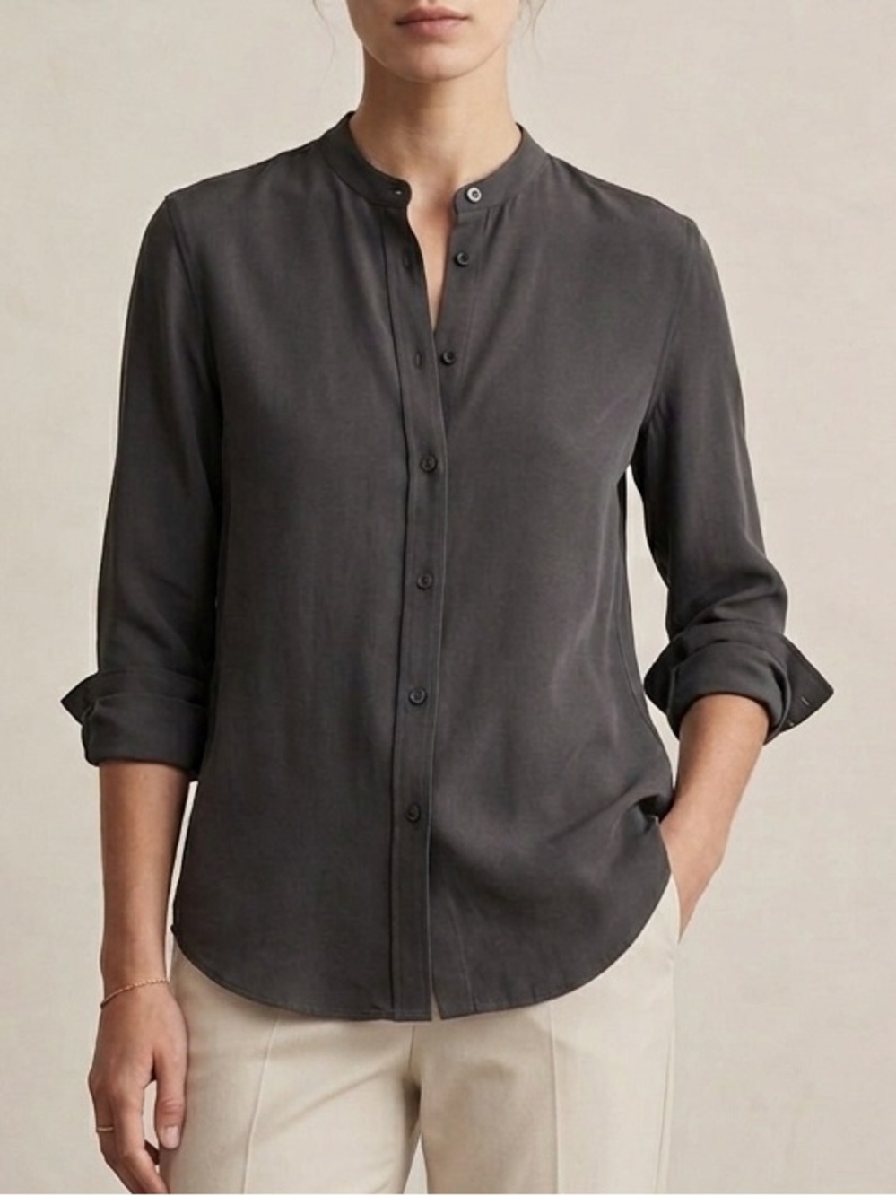 Lauren Ralph Lauren Mandarin Collar Silk Button Up Shirt M Black Long Tab Sleeve